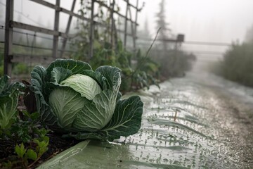 Cabbage (Brassica oleracea) coated with dew in Fairbanks, Alaska.