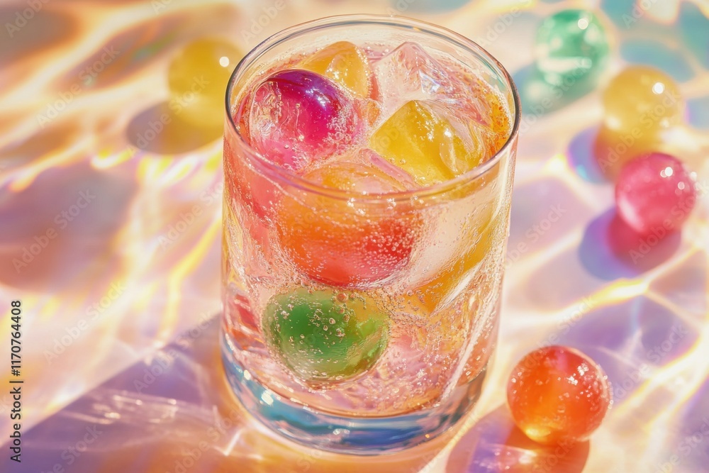 Poster colorful gel balls float in a refreshing sparkling drink in a clear glass, creating a vibrant visual