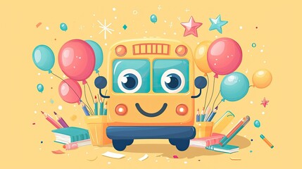 Cute cartoon school bus with balloons, books, and pencils.