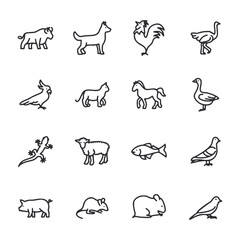 A set of animal icons in black and white