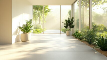 Fototapeta premium Serene Minimalist Interior Design with Lush Greenery and Sunlight