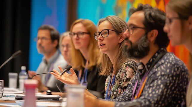 panel discussion at an international medical conference, with experts debating ethical issues in modern healthcare