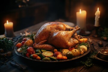 A beautifully roasted turkey served on a dark wooden table surrounded by colorful fruits and glowing candles.