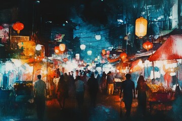 Vibrant Night Market Scene with Colorful Lanterns and Crowds