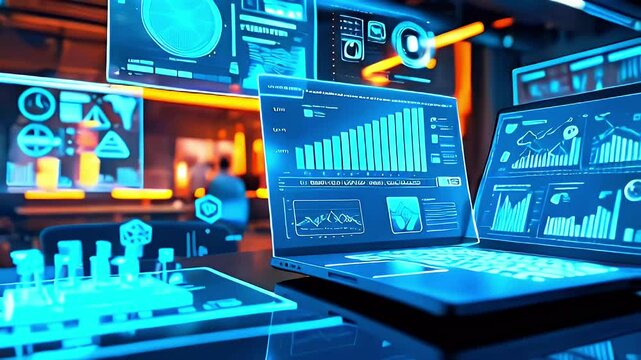 Two laptops with data charts on a desk, another person in the background.