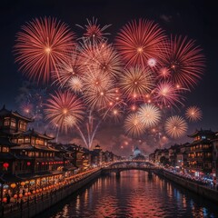 Fototapeta premium fireworks on the river