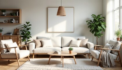 Bright and cozy living room featuring a white sofa, wooden coffee table, decorative cushions, and a large plant. The space is illuminated by natural light, creating a comfortable, airy atmosphere. Per