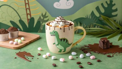 Whimsical Milo Dinosaur Mug with Chocolate Toppings in Lush Greenery