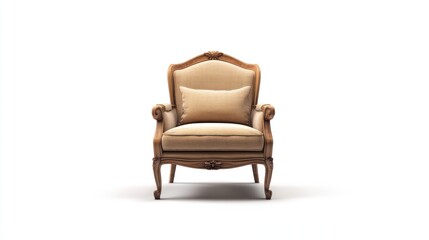 Elegant light beige upholstered armchair with wooden frame, isolated on white background.