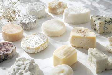 A variety of artisanal cheeses displayed on a marble surface, showcasing diverse textures and shapes.