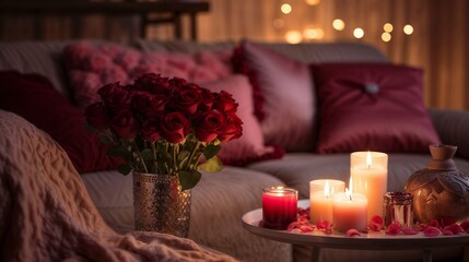 Romantic Valentine's Day decor with a round table, lit candles, rose petals, and a vase with red roses. Soft lighting creates a cozy and romantic ambiance. Perfect for Valentine's Day home styling ins