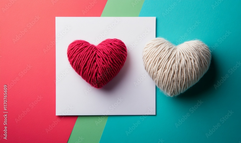 Poster copy space image of a heart shaped wool ball contrasting against a colorful background symbolizing l
