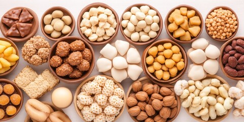 Delightful Array of Snacks in Wooden Bowls 