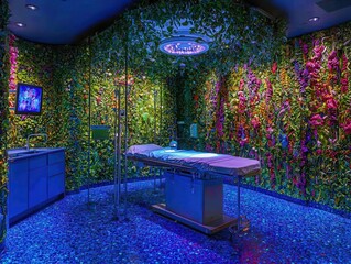 A glowing medical facility where robotic surgeons perform precision operations. Doctors consult holographic diagnostics in a sterile, high-tech operating room bathed in soft blue and green light. 