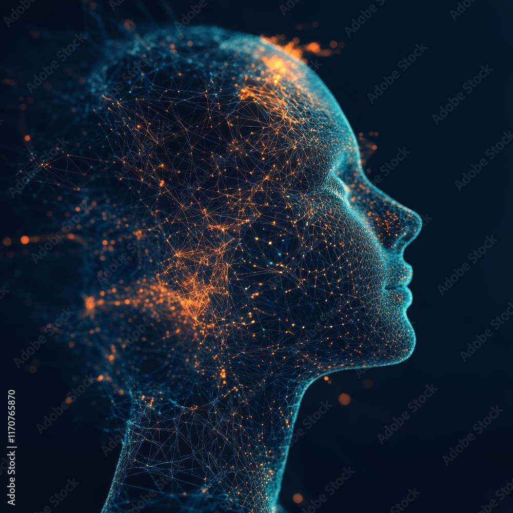 Poster futuristic digital representation of a human head with connecting neural patterns and lights