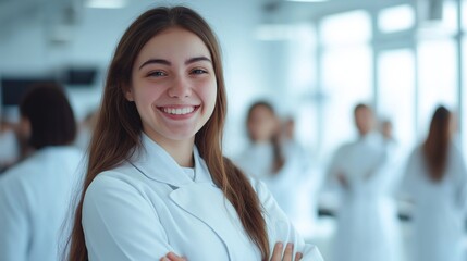 Fototapeta premium Smiling people men and women in white medical suits attending workshop, medicine conference