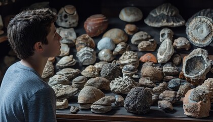 Boy gazes at diverse fossil collection in museum cabinet