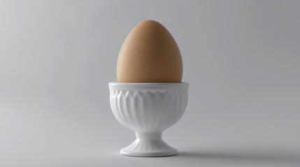 Single brown egg in a white egg cup on a white background.