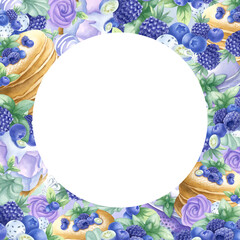 Pancakes, cakes, blueberry, blackberry, mint and marshmallows in purple and green color. Hand draw watercolor isolated illustration. Round frame, template with copy space for text for bakery design.