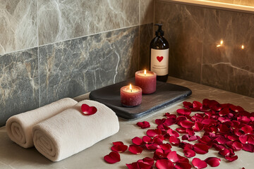 A spa promotion design with rose petals and heart-shaped candles