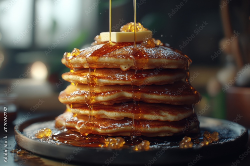 Aufkleber tall stack of golden pancakes topped with butter and drizzled with syrup, creating an inviting break