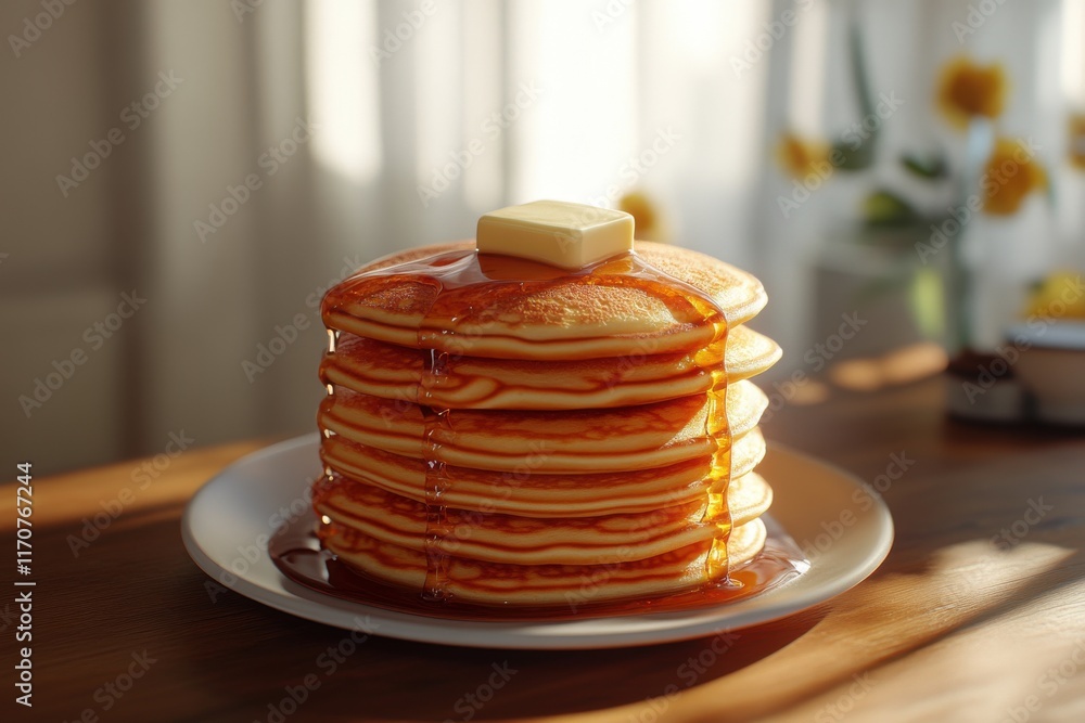 Aufkleber a stack of fluffy pancakes drizzled with maple syrup and topped with a pat of butter, creating a del