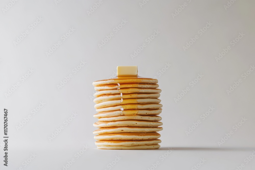 Poster a tall stack of fluffy pancakes drizzled with syrup and topped with a pat of butter.