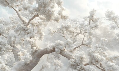 White blossoms on branches, dreamy light.