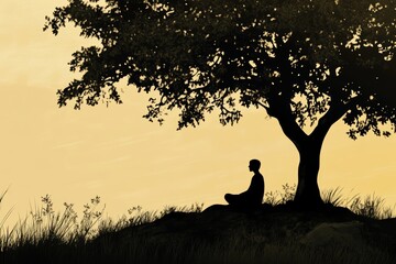 Silhouette of a Person Meditating Under a Tree at Sunset with a Serene Golden Sky in the Background