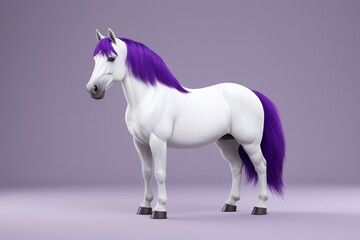 araffe with purple mane standing in a room with a gray background