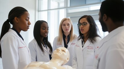 team of interns gathered around a patient simulator, discussing diagnosis and treatment plans