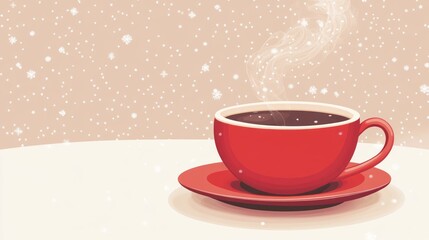 Fototapeta premium A red coffee cup with steam on a snowy day.
