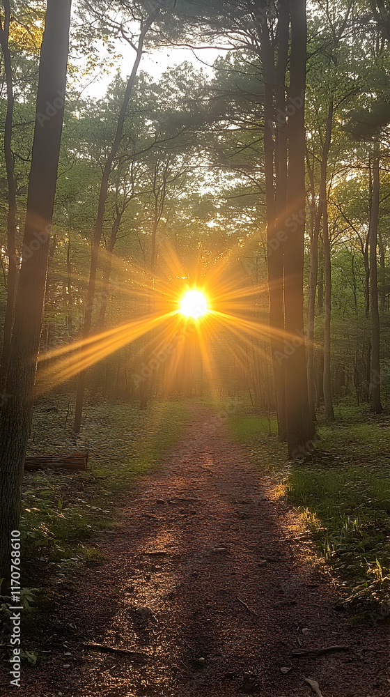 Poster sun rays burst through forest trees illuminating a path.