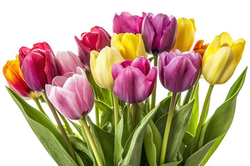 Obraz premium A vibrant bouquet of multicolored tulips showcasing a variety of hues and lush green leaves.
