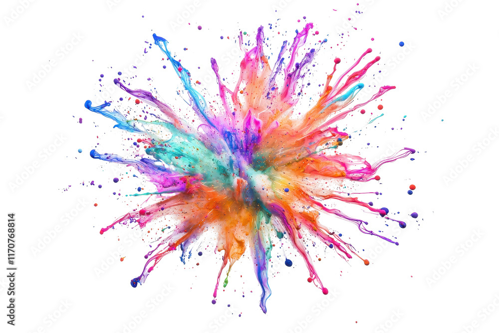 Poster a vibrant explosion of multicolored paint splashes radiating outward, creating a dynamic and energet
