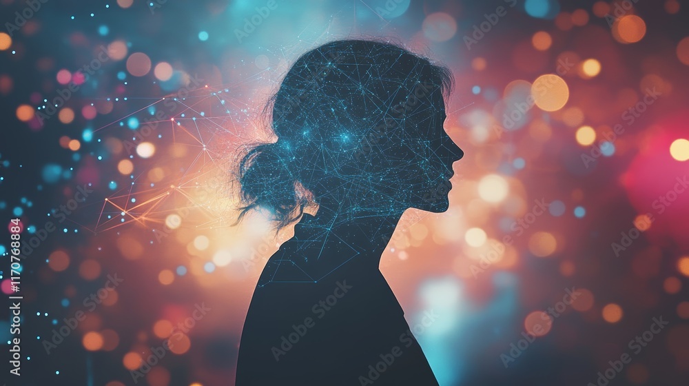 Poster silhouette of a person in a digital environment with abstract lights and connective elements