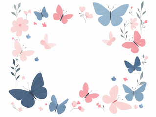 Pretty pastel pink and blue butterflies flutter around delicate flowers. A lovely spring or summer illustration.