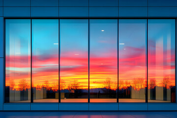 Fototapeta premium Vibrant sunset reflected in modern building's large glass windows.