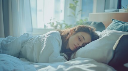 Young woman sleeping in white bed in the morning