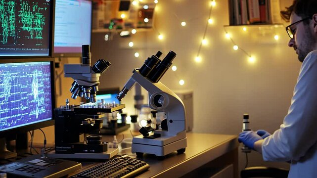 Scientist conducting research with microscope in a laboratory filled with monitors