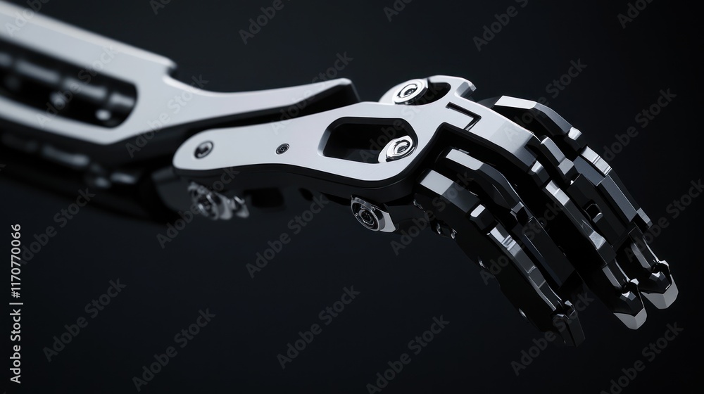 Poster close-up of a metallic robot arm and hand, intricate details of the mechanical joints and fingers ar