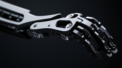 Close-up of a metallic robot arm and hand, intricate details of the mechanical joints and fingers are visible.