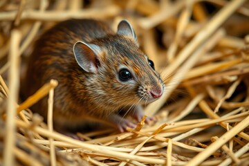 there is a small brown mouse sitting on top of straw
