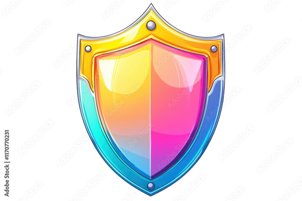 Poster a colorful, stylized shield emblem with golden accents and a gradient color scheme, representing pro