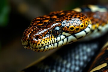 a close up of a snake ' s head with a black and yellow stripe