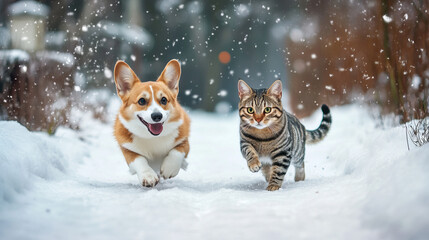  "Winter Mischief: Corgi and Striped Cat's Snowy Adventure"

