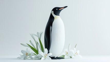 Penguin figurine with white flowers.