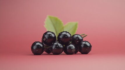 Fototapeta premium Fresh black currants with leaves on a pink background.