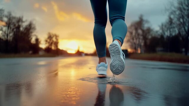 Close up of a woman's legs in sport shoes running on the road at a park