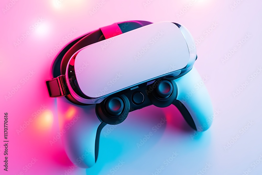 Poster a modern virtual reality headset with a controller, set against a colorful background.